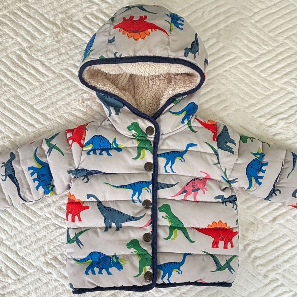 Baby Boden Baby Size 3-6M Dinosaur Print Sherpa Hooded Puffer Jacket Coat